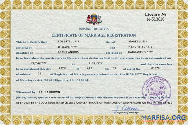 Blank Latvia marriage certificate PSD template